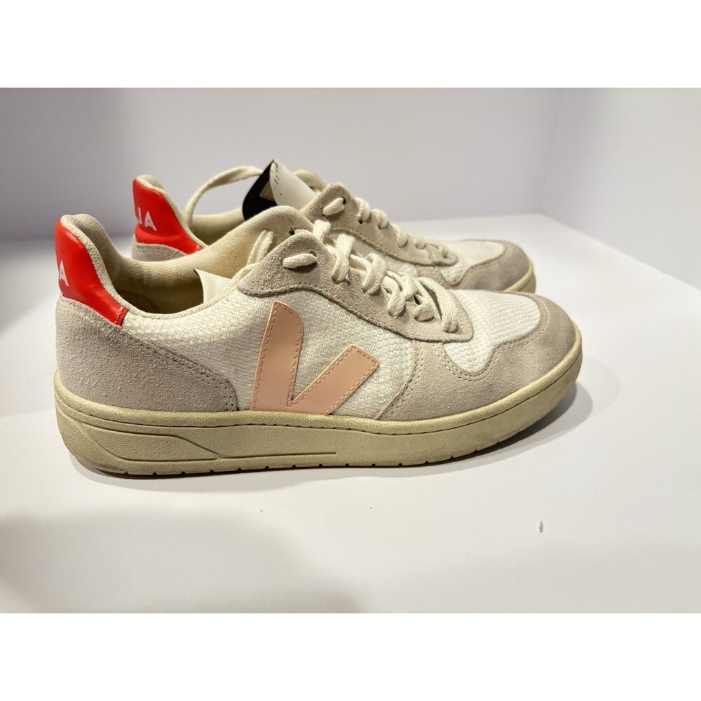 Veja V-10 Sneakers in White, Petale, and Orange Fluo,